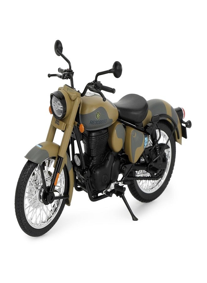 Royal Enfield دراجة رويال إنفيلد نيو كلاسيك 350 نموذج مصغر | 1:12 | مرايا جانبية | عجلات دوارة بحرية | مقود قابل للتوجيه | نظام تعليق خلفي وحامل جانبي يعملان | لون رملي كوماندو - Image 2